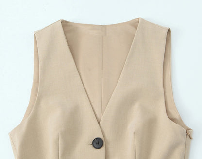 KAR&OT ZA 2025 Women's Retro V-Neck Sleeveless Dress Slim Fit Wide Pleated Vest Button Decoration Ruched Spring New 2157554