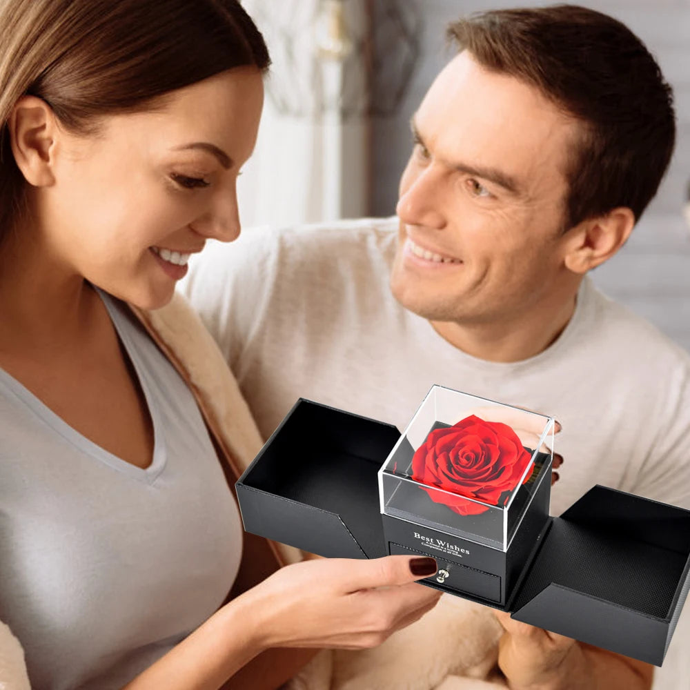 Eternal Rose Preserved Flower Proposal Jewelry Box Earrings Necklace Storage Case Forever Love Wedding Christmas Valentines Gift