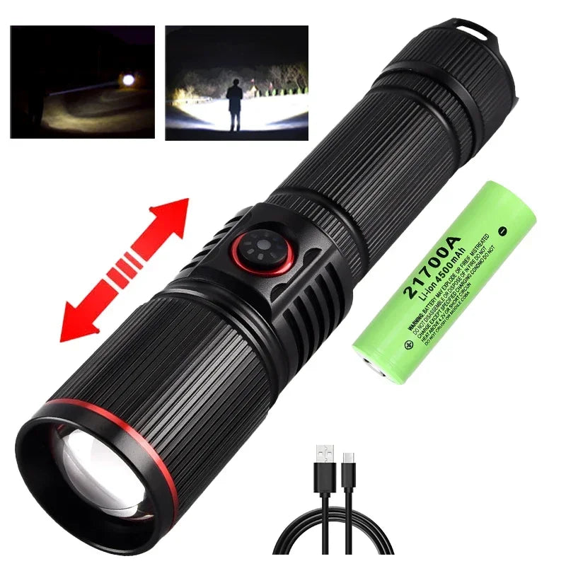30W White Laser LED Flashlight Zoom Torch USB Rechargeable Light Outdoor Camping Hunting Fishing Walking Riding Lighting Lamp