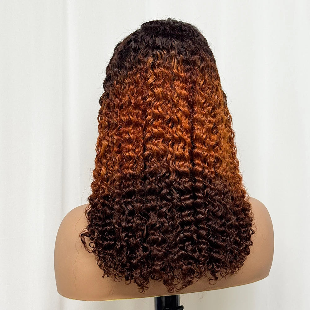 Double Drawn 250% Density Ombre 18 Inches Water Wave Curly Human Hair Wigs 13x4 Transparent Lace Frontal Hair Wig for Women