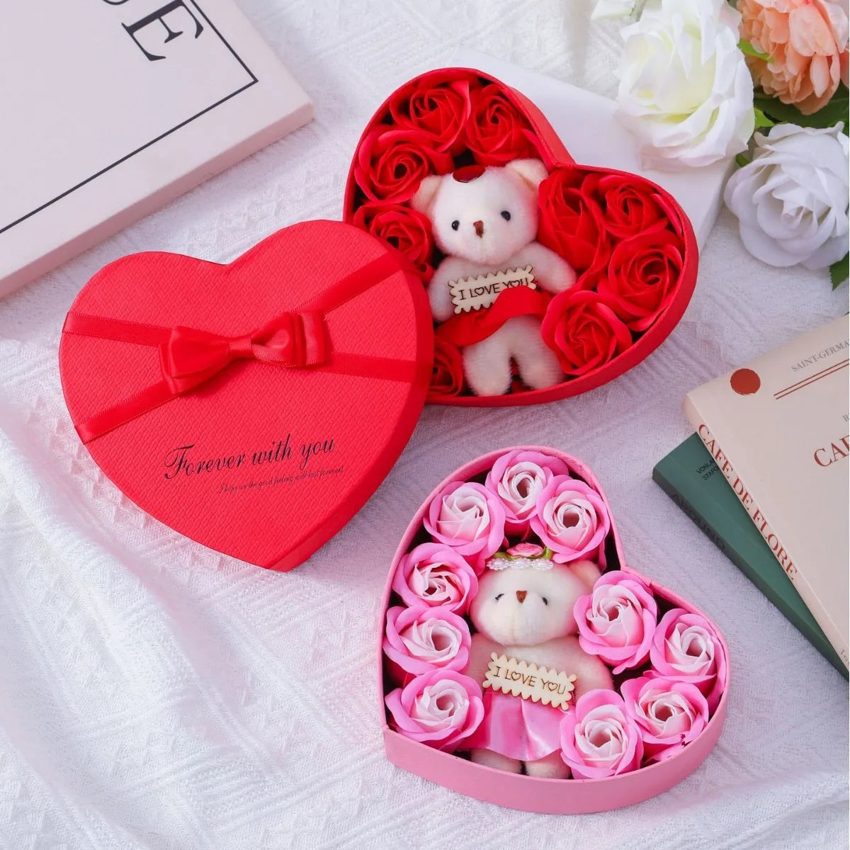 Valentines Day Gift for Her Gift Box with Bear Soap Rose Flower Romantic Mothers Day Wedding Birthday Gift Home Party Decor 1PC