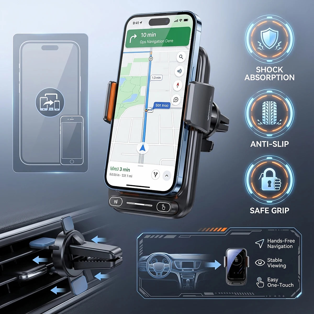Smart Sensing Car Phone Holder 15W Qi Wireless Charging Motorized Rotation One-Touch Release & Clamping Rotatable Cable Port