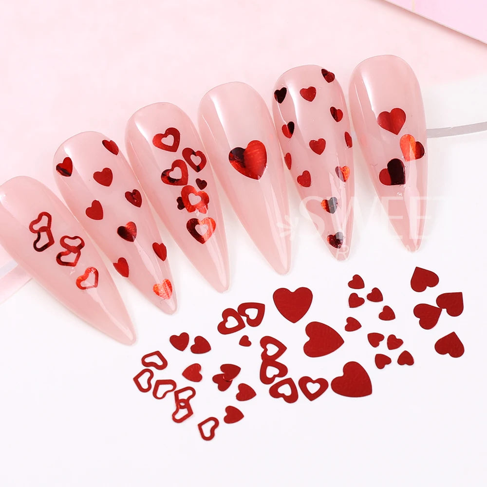 Red Love Heart Nail Glitter Sequin Mix Holographic Heart Shape 3D Nail Sequins Flakes Paillette Valentine's Day Manicure Decor