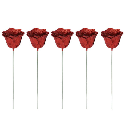 5-20Pcs Red Glitter Artificial Rose Flowers Bouquet Wedding Bridal Shower Decoration Valentines Day Gift Birthday Party Decor