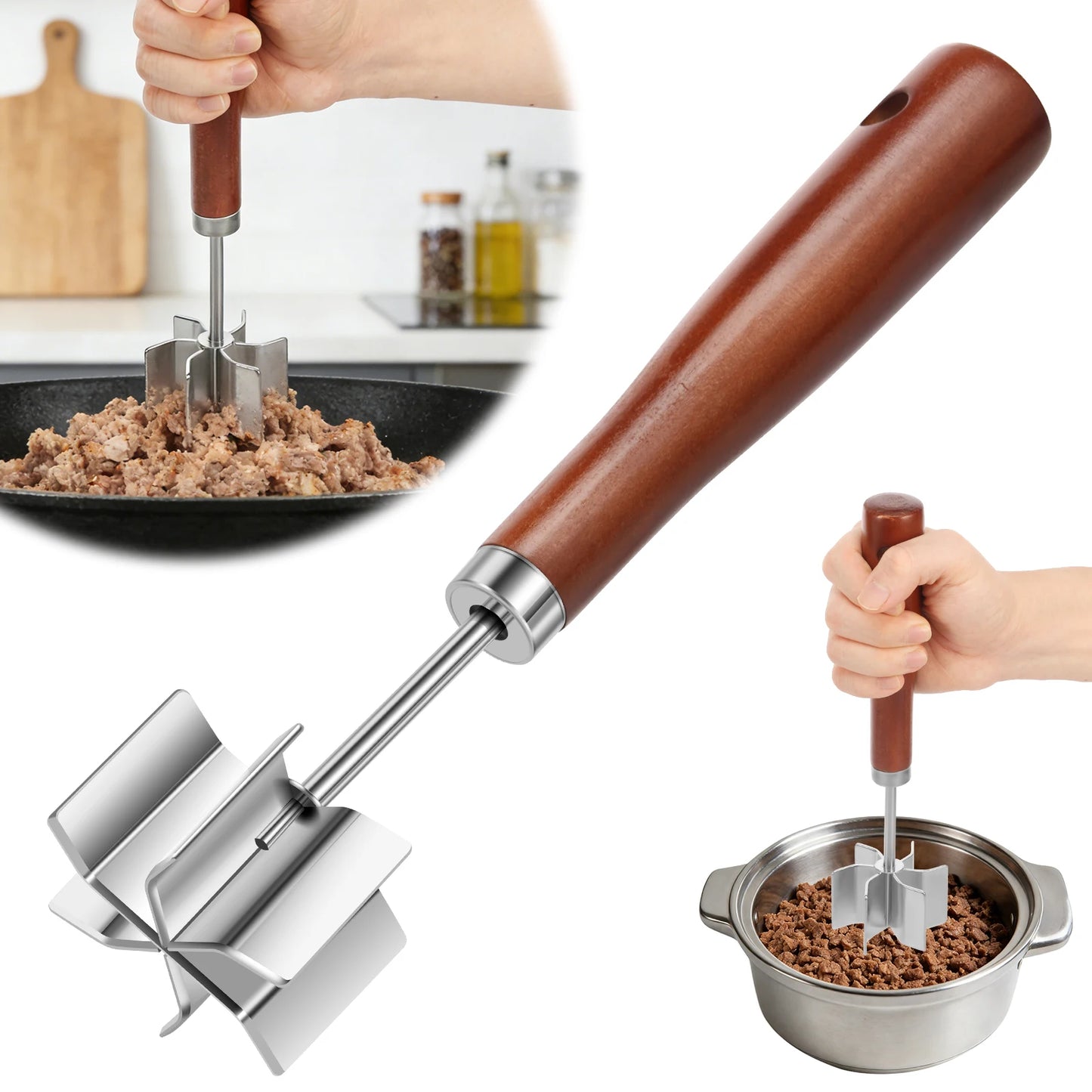 Stainless Steel Meat Chopper Masher Heavy Duty 6 Curve Blades Ground Beef Chopper Tool with Wooden Handle Heat Resistant Meat