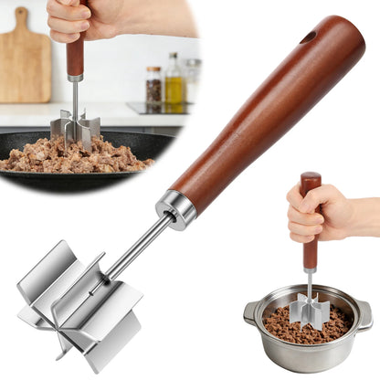 Stainless Steel Meat Chopper Masher Heavy Duty 6 Curve Blades Ground Beef Chopper Tool with Wooden Handle Heat Resistant Meat