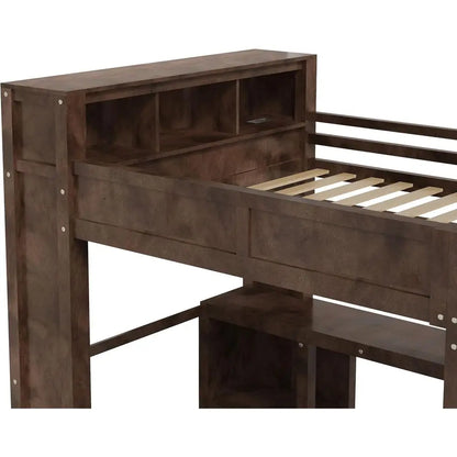Queen-Sized Wooden Bed with Built-in Wardrobe, Desk, Storage, and USB Ports - Modern Space-Saving Design for Compact Rooms (Brow