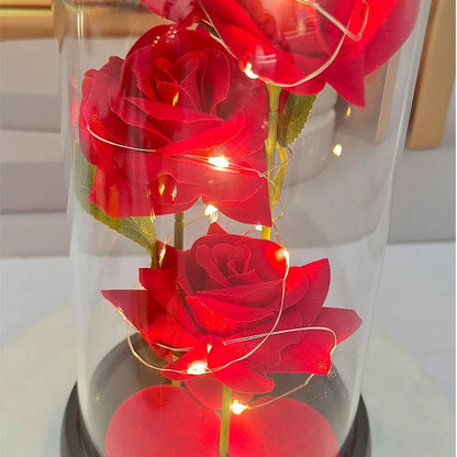 1PC Valentine's Day artificial flowers three rose glass cover Mother's Day wedding season Valentine's Day gift for his wife.