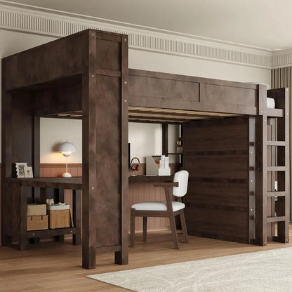 Queen-Sized Wooden Bed with Built-in Wardrobe, Desk, Storage, and USB Ports - Modern Space-Saving Design for Compact Rooms (Brow