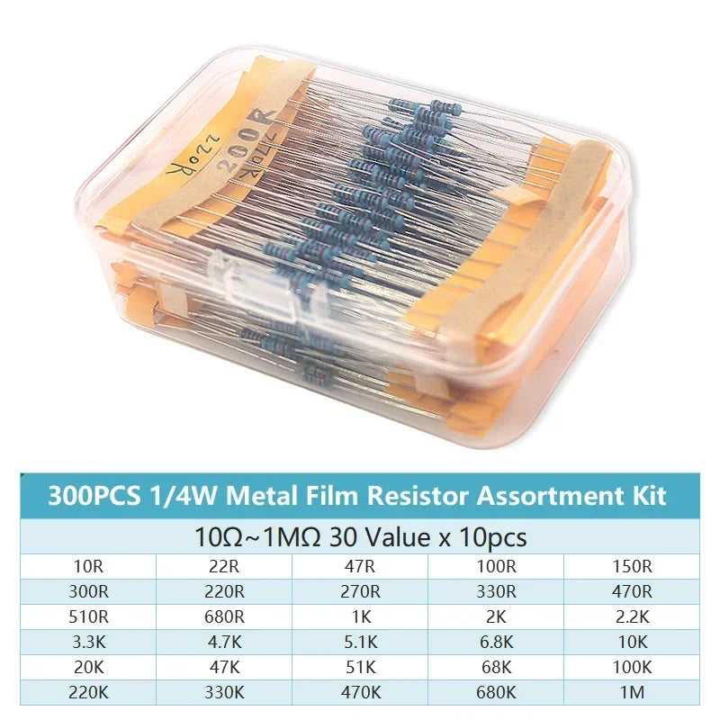 300/600pcs 1% Resistor Set Resistance 1/4W Metal Film Resistors Kit 10Ohm ~1M Ohm 30Values Electronic Components Kit