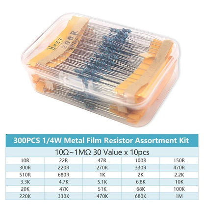 300/600pcs 1% Resistor Set Resistance 1/4W Metal Film Resistors Kit 10Ohm ~1M Ohm 30Values Electronic Components Kit