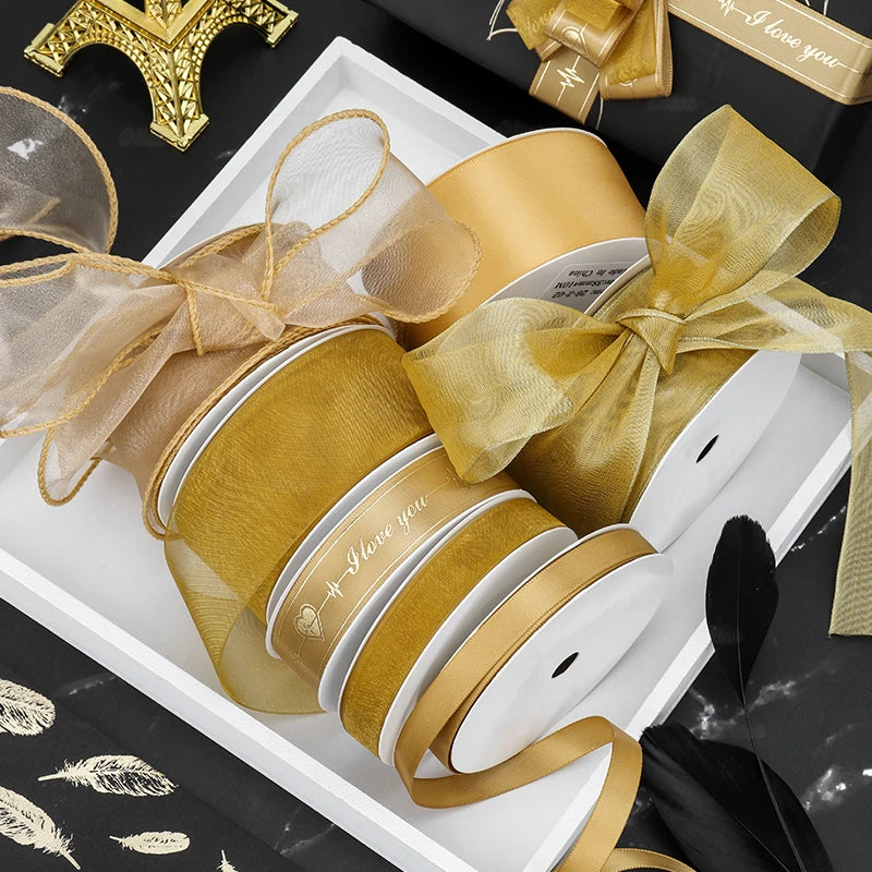 Gold Series Ribbon Birthday Happy Cake Baking Gift Decoration Flower Bundle Packaging Valentine's Day Wedding Party