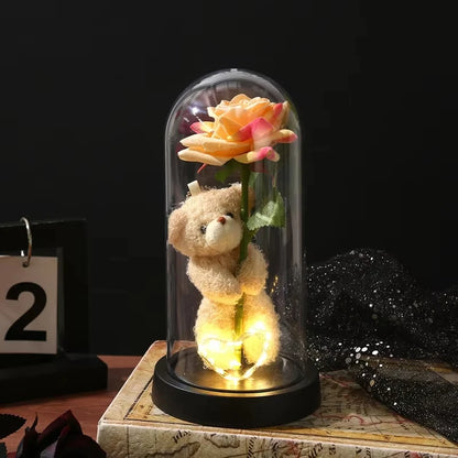 Eternal Rose in Glass Dome Artificial Flower with Bear Desk Accessories Christmas Valentine's Day Gifts Party Favors