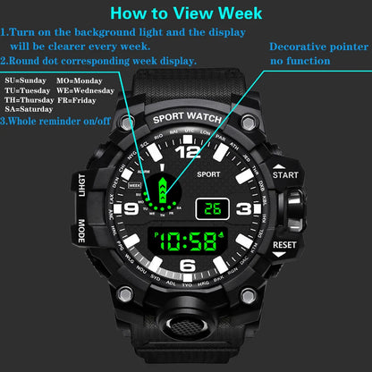 Fashion Men's Watch Sports Electronic Wristwatch Large dial Multifunctional Waterproof Luminous Alarm Kids Male's Military Watch