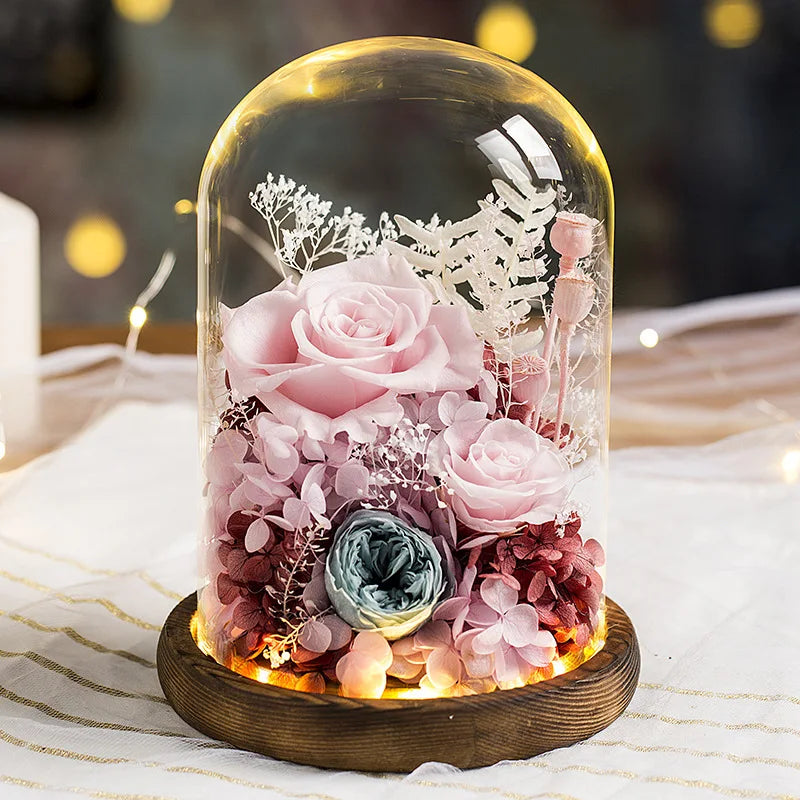 Eternal Flowers Preserved Rose In Glass Dome Cover Artificial Flower with Light Valentine's Day Christmas for Women Gift Box