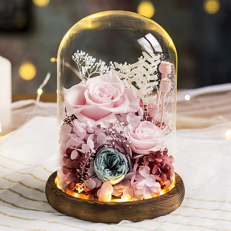 Eternal Flowers Preserved Rose In Glass Dome Cover Artificial Flower with Light Valentine's Day Christmas for Women Gift Box