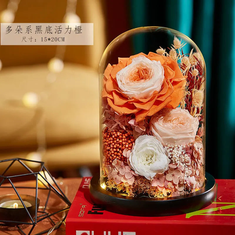 Eternal Flowers Preserved Rose In Glass Dome Cover Artificial Flower with Light Valentine's Day Christmas for Women Gift Box
