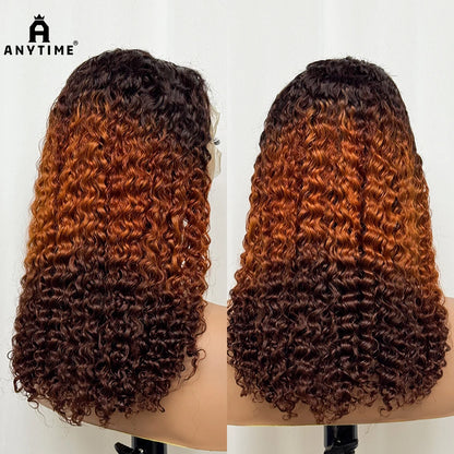 Double Drawn 250% Density Ombre 18 Inches Water Wave Curly Human Hair Wigs 13x4 Transparent Lace Frontal Hair Wig for Women