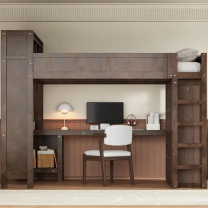 Queen-Sized Wooden Bed with Built-in Wardrobe, Desk, Storage, and USB Ports - Modern Space-Saving Design for Compact Rooms (Brow