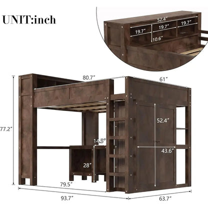 Queen-Sized Wooden Bed with Built-in Wardrobe, Desk, Storage, and USB Ports - Modern Space-Saving Design for Compact Rooms (Brow