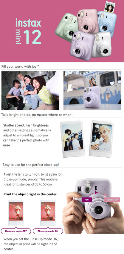 Original Fujifilm Instax Mini 12 Camera + 20 Sheets Instax Mini Film+ Album +Case Bag+ 10 in 1 Kits For Girl New Year Day Gifts