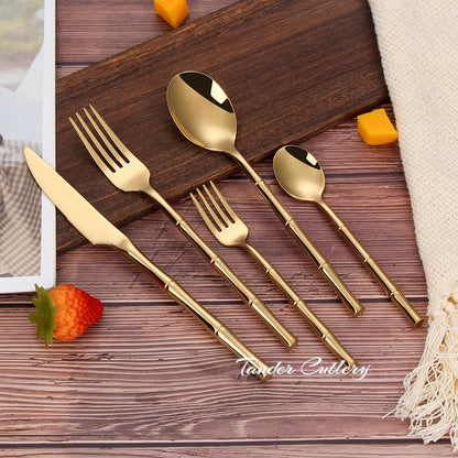 6/24/30Pcs Stainless Steel 304 Tableware Gold Cutlery Set Western Bamboo Shaped Handle Knife Fork Spoon Mirror Dinner Set