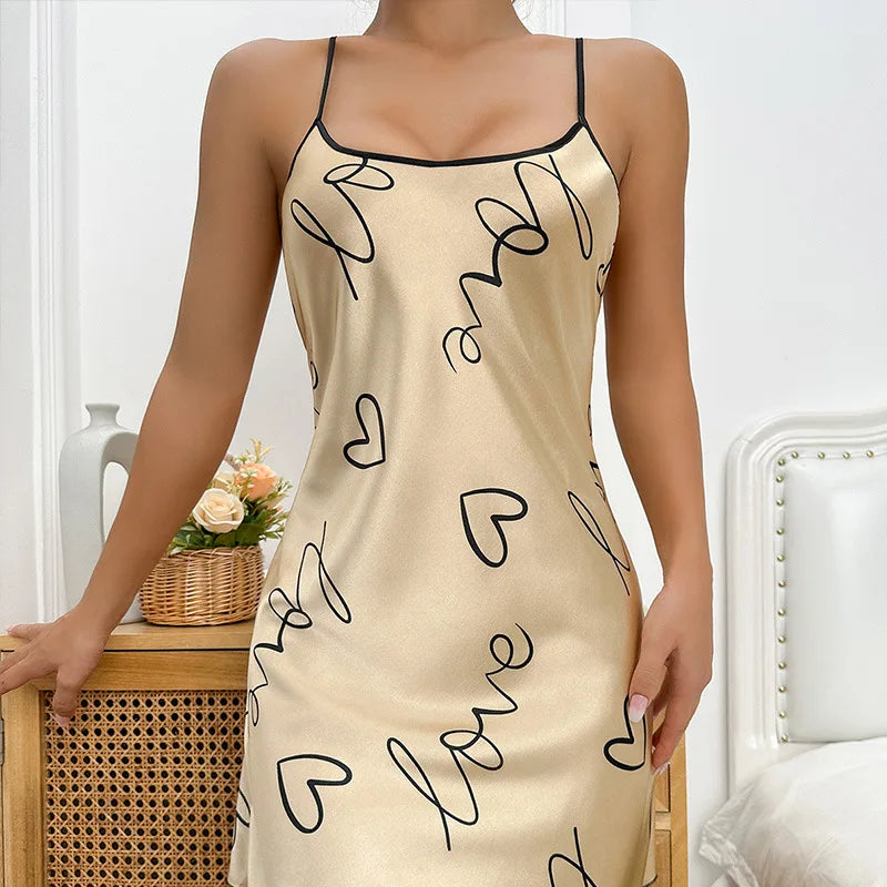 Valentine's Day Ice Silk Pajama Skirt Sleeveless Short Skirt with Suspender Skirt Sexy Pajama Women's Thin Printed Home Clothing