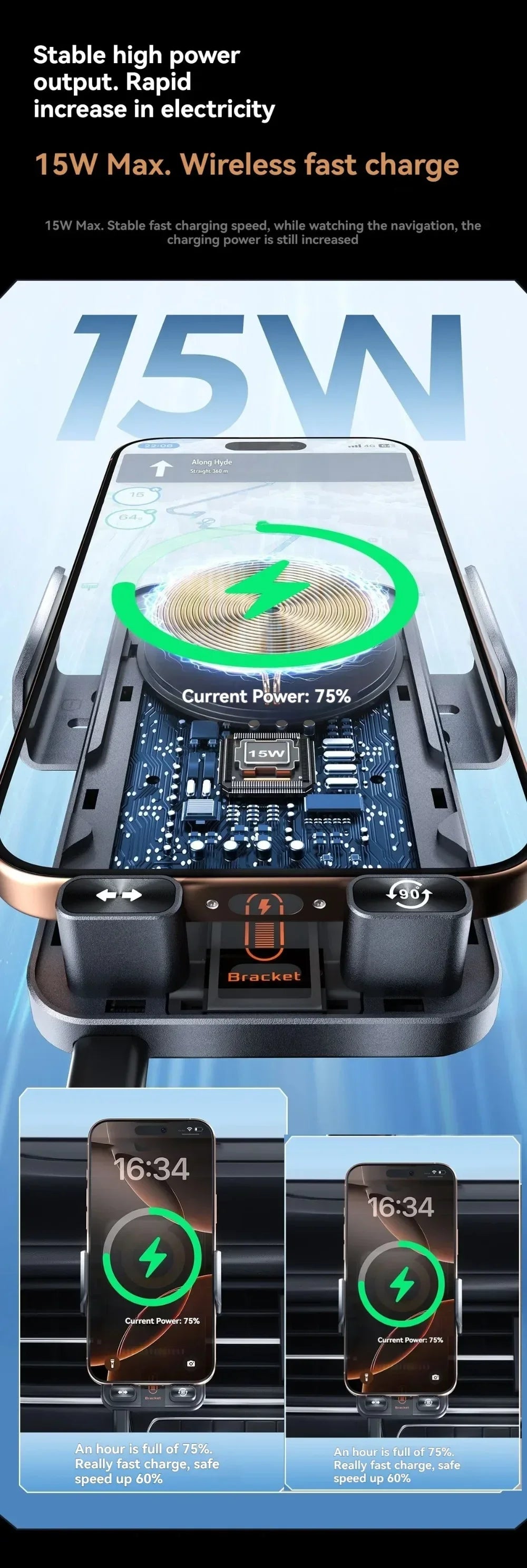 Car Unicersal Air Vent Electric Rotating Opening Closing Phone Holder 15W Wireless Charger Dual Coil Smart Phones Fast Charging