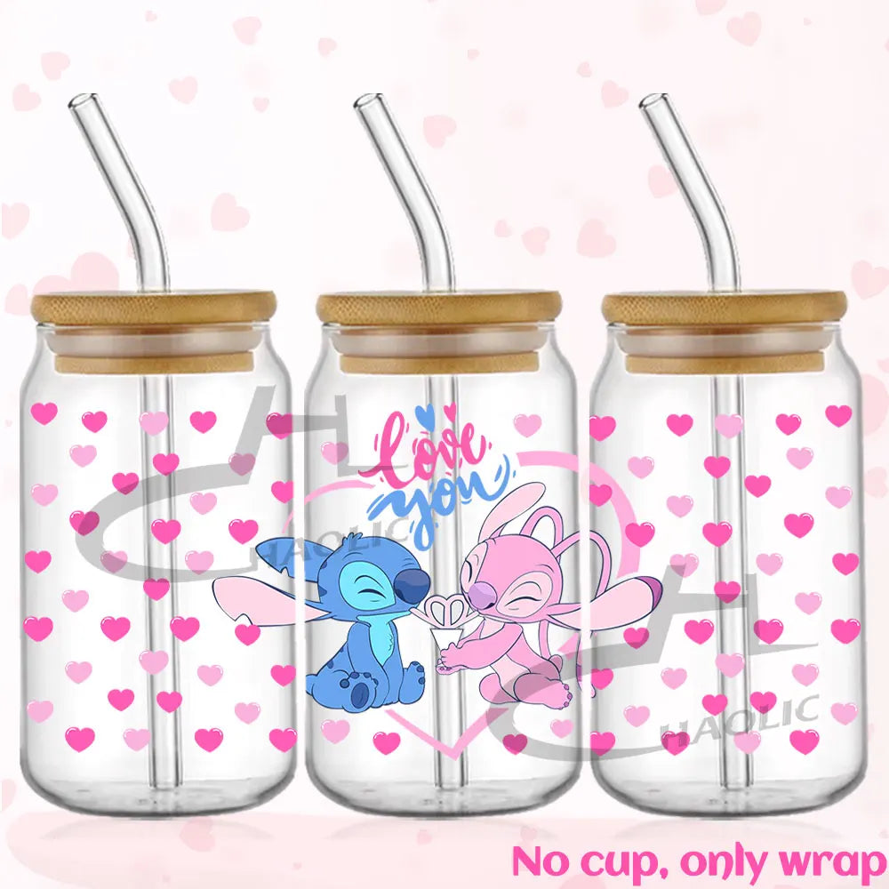 Valentine's Day Stitch 16oz UV DTF Cup Wrap Libbey Glass Can Tumbler UV Wrap Transfer Sticker Waterproof Adhesive Without Cup