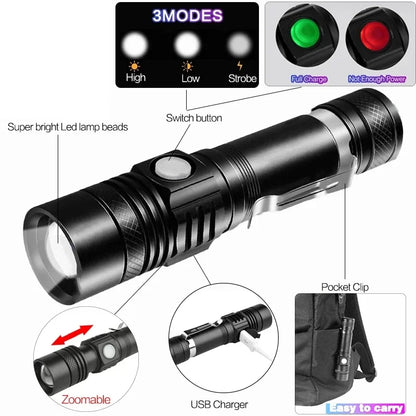 Outdoor Tactical Zoom Camping Waterproof Flash Light Aluminum Alloy Portable Torch Powerful LED Flashlight USB ReChargeable