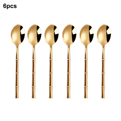 6/24/30Pcs Stainless Steel 304 Tableware Gold Cutlery Set Western Bamboo Shaped Handle Knife Fork Spoon Mirror Dinner Set