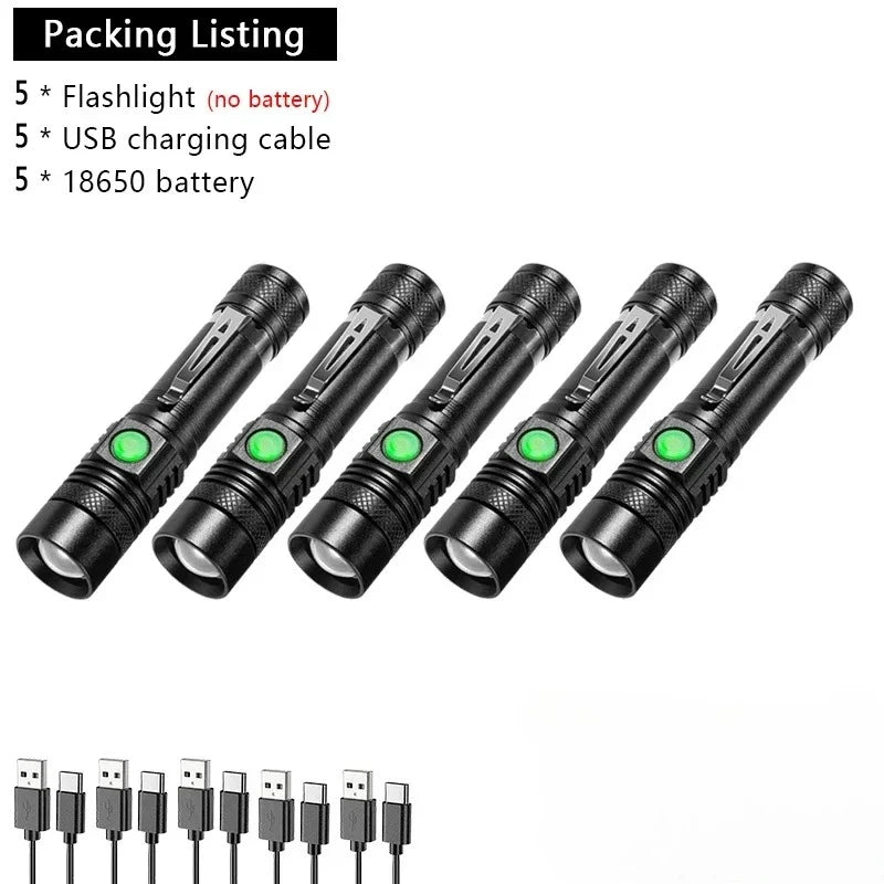 Outdoor Tactical Zoom Camping Waterproof Flash Light Aluminum Alloy Portable Torch Powerful LED Flashlight USB ReChargeable