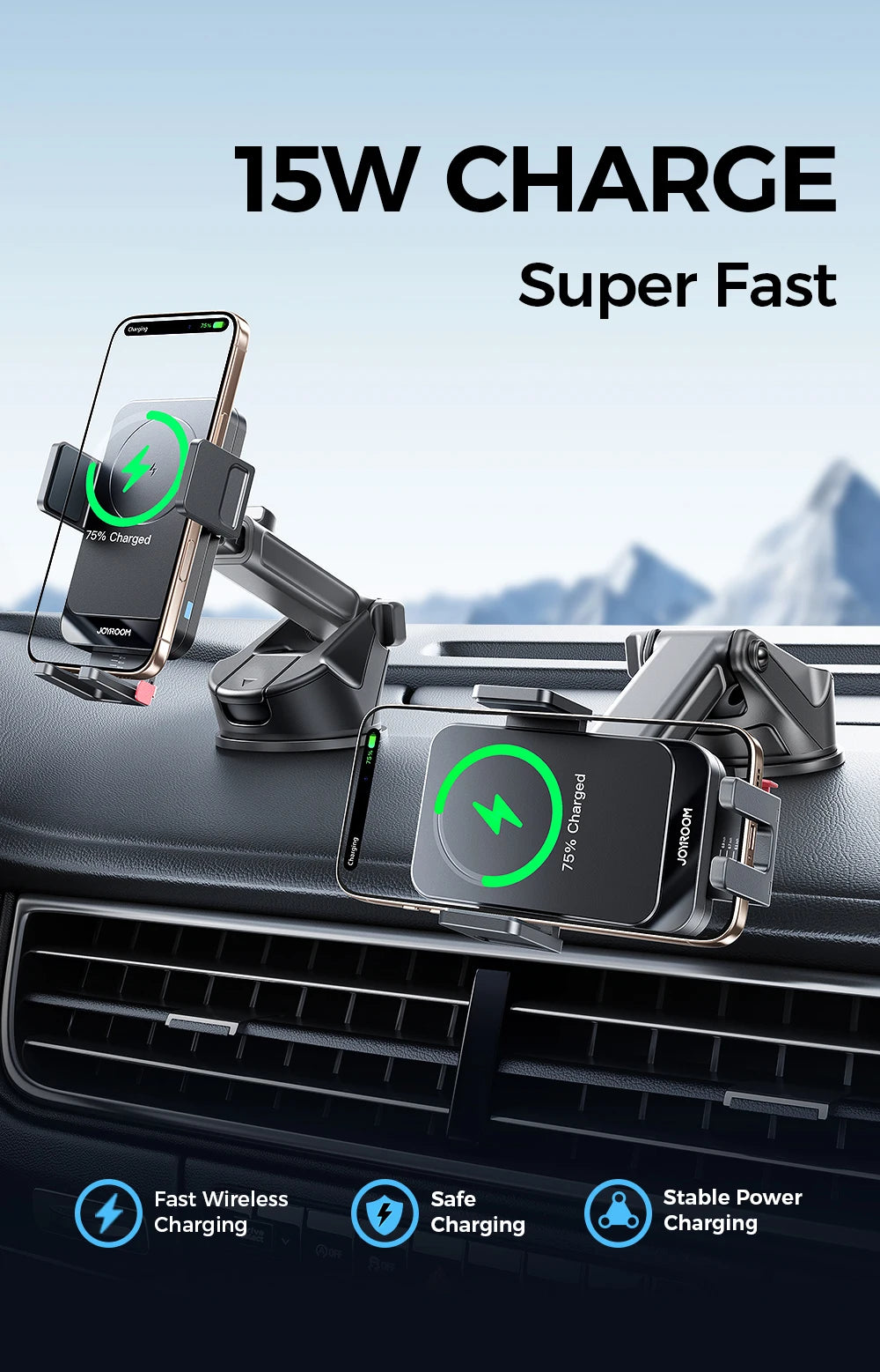Joyroom Car Phone Holder 15W Wireless Charging Car Holder Charger 360° Rotation One-Hand Operation Car Phone Mount For  4.7-7''