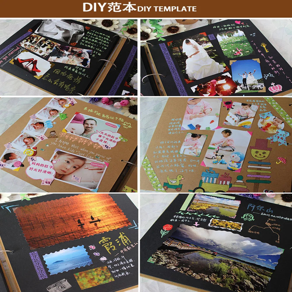 Photo Album Black Pages 8 Inch Wood Scrapbook DIY for Valentines Baby Lovers Anniversary Day Birthday Christmas Gift