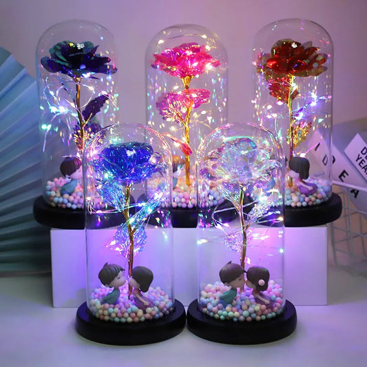 Hot LED Enchanted Galaxy Rose Eternal Beauty And The Beast Rose With Fairy Lights In Dome For Christmas Valentine's Day Gift