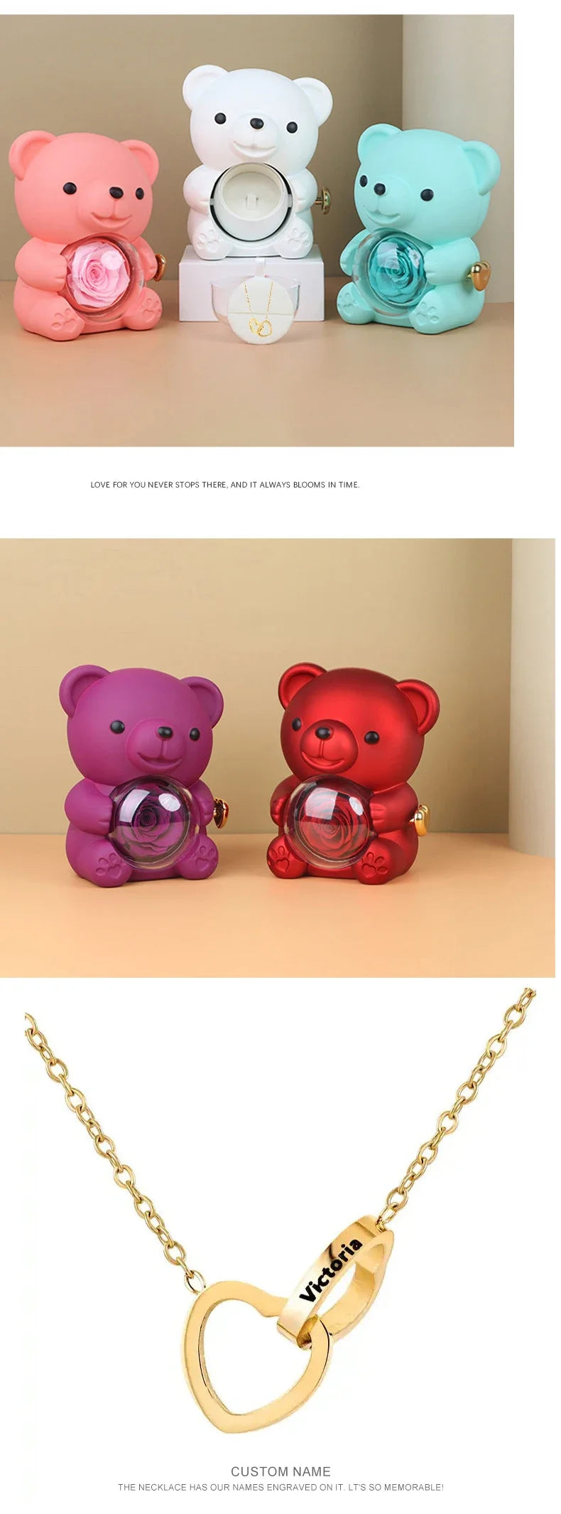 New Rotating Hugging Bear Rose Jewelry Box Eternal Flower Gift Box for Girl Mother's Day Valentine's Day Christmas Gift
