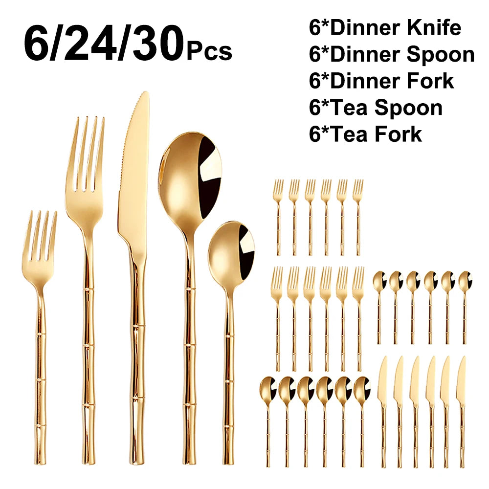 6/24/30Pcs Stainless Steel 304 Tableware Gold Cutlery Set Western Bamboo Shaped Handle Knife Fork Spoon Mirror Dinner Set