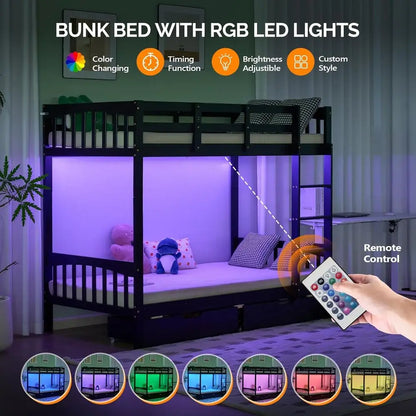Twin Over Twin Solid Wood Bunk Bed with Storage Drawers, RGB LED, Charging Station, and Safety Rail for Kids - Black