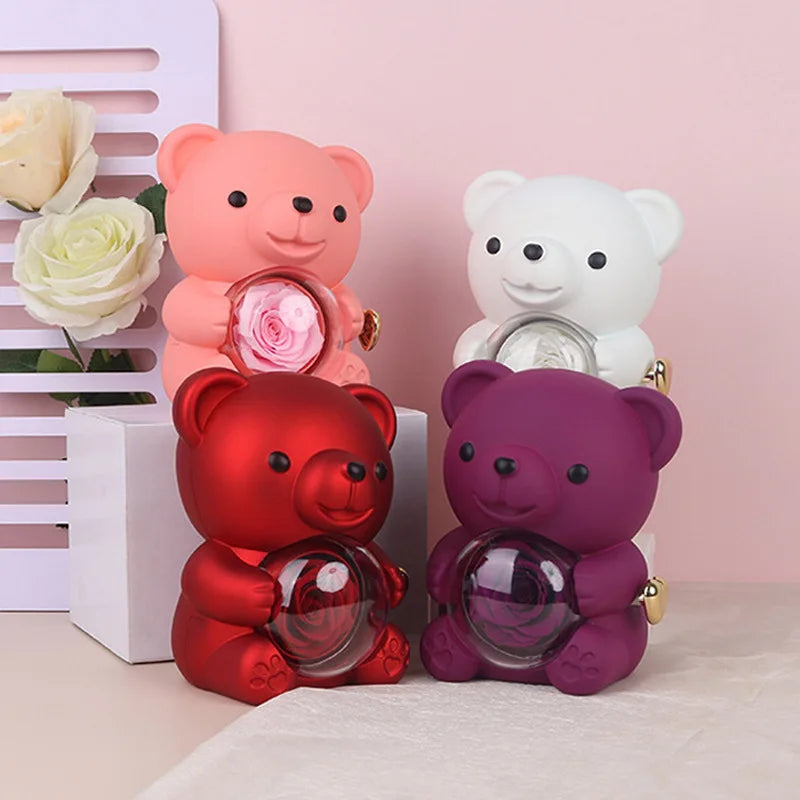 New Rotating Hugging Bear Rose Jewelry Box Eternal Flower Gift Box for Girl Mother's Day Valentine's Day Christmas Gift