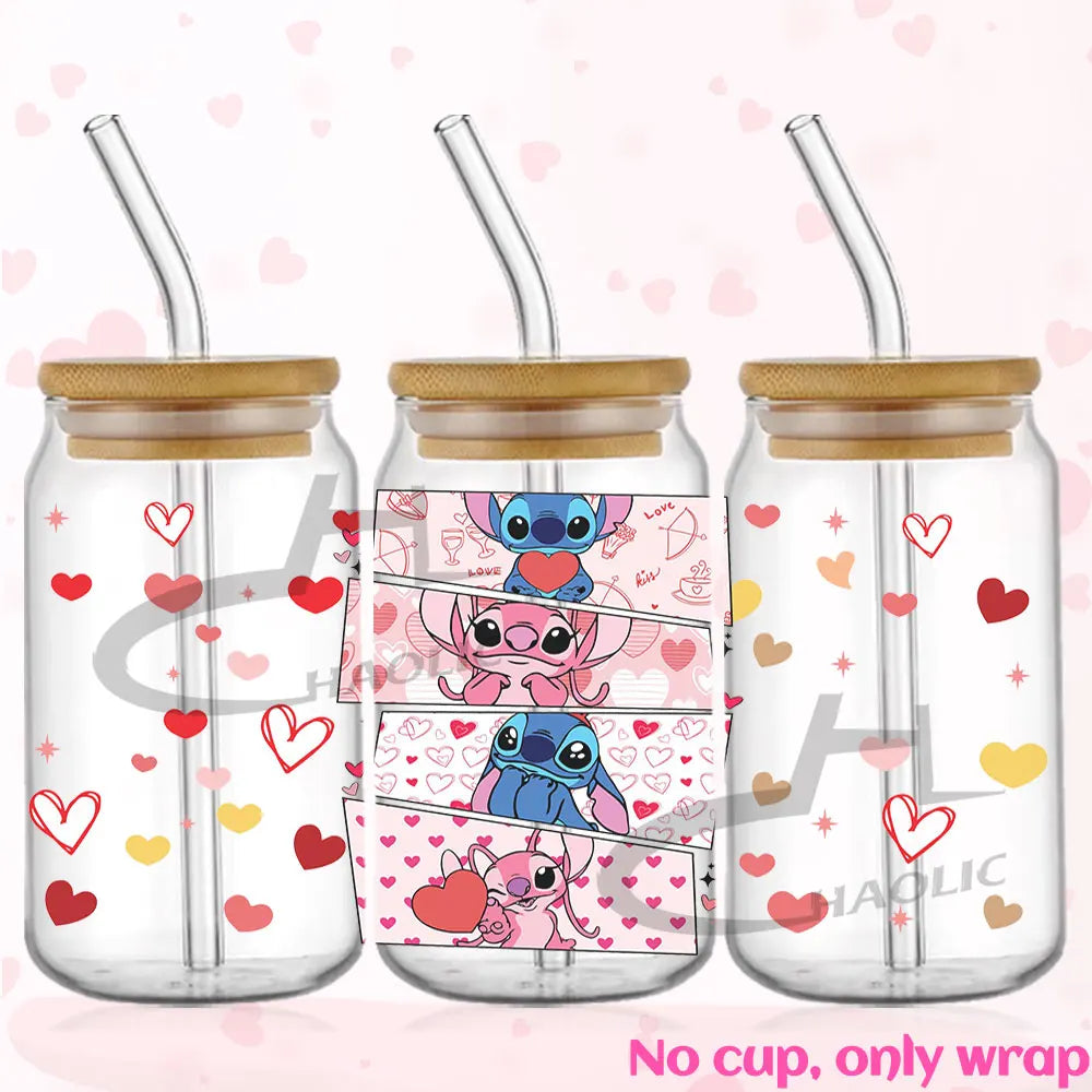 Valentine's Day Stitch 16oz UV DTF Cup Wrap Libbey Glass Can Tumbler UV Wrap Transfer Sticker Waterproof Adhesive Without Cup