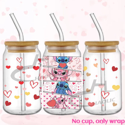 Valentine's Day Stitch 16oz UV DTF Cup Wrap Libbey Glass Can Tumbler UV Wrap Transfer Sticker Waterproof Adhesive Without Cup
