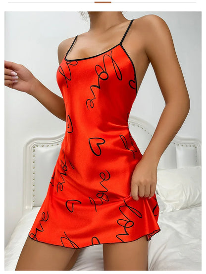 Valentine's Day Ice Silk Pajama Skirt Sleeveless Short Skirt with Suspender Skirt Sexy Pajama Women's Thin Printed Home Clothing