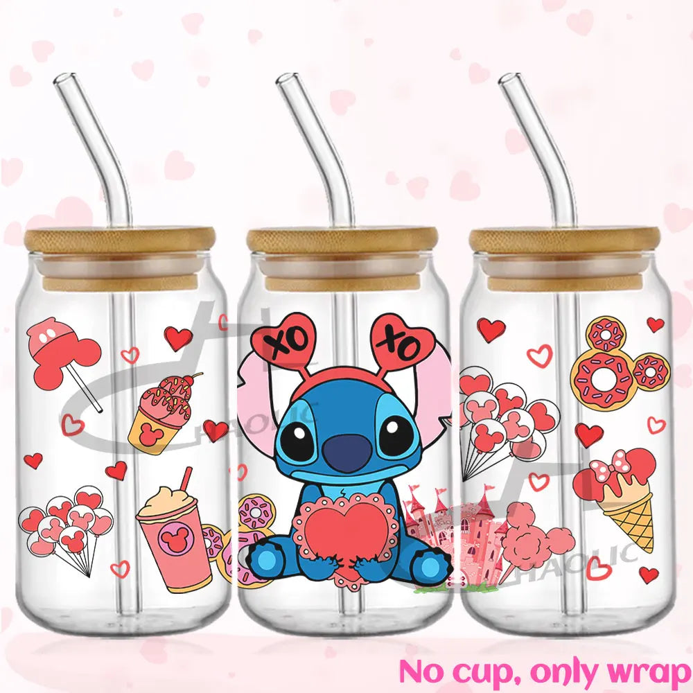 Valentine's Day Stitch 16oz UV DTF Cup Wrap Libbey Glass Can Tumbler UV Wrap Transfer Sticker Waterproof Adhesive Without Cup