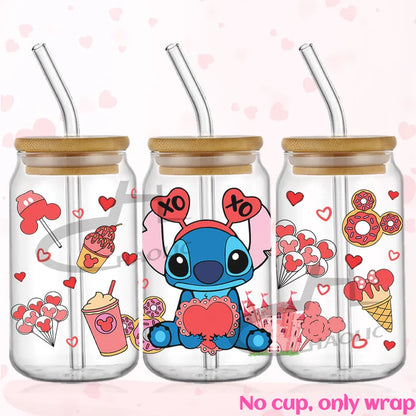 Valentine's Day Stitch 16oz UV DTF Cup Wrap Libbey Glass Can Tumbler UV Wrap Transfer Sticker Waterproof Adhesive Without Cup