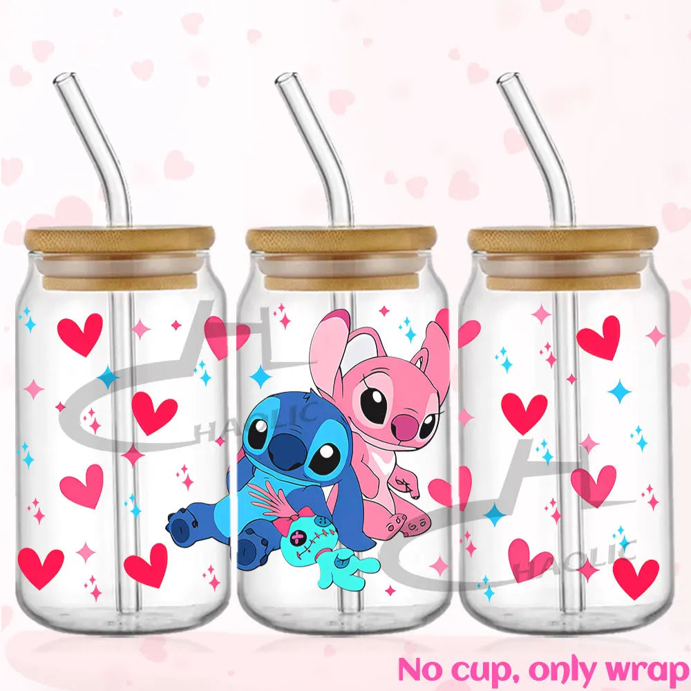 Valentine's Day Stitch 16oz UV DTF Cup Wrap Libbey Glass Can Tumbler UV Wrap Transfer Sticker Waterproof Adhesive Without Cup