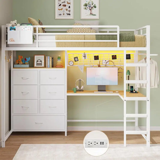 Twin Size Loft Bed with LShaped Desk and 7 Storage Drawers,Metal Twin Loft Bed for Kids with LED Lights and Charging Station,13.