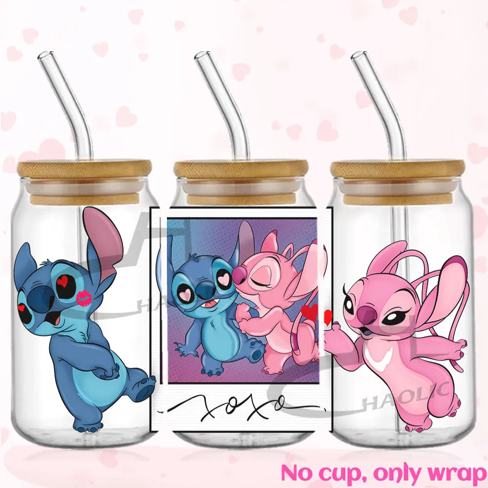 Valentine's Day Stitch 16oz UV DTF Cup Wrap Libbey Glass Can Tumbler UV Wrap Transfer Sticker Waterproof Adhesive Without Cup