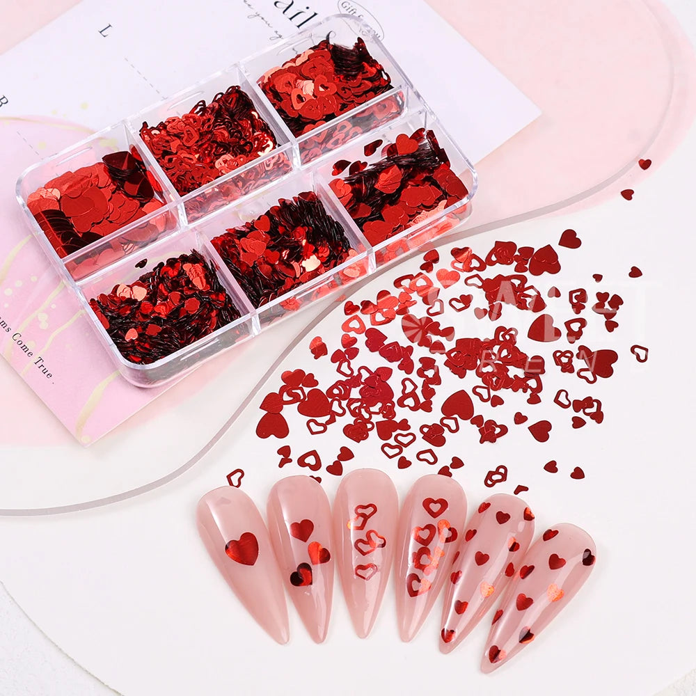 Red Love Heart Nail Glitter Sequin Mix Holographic Heart Shape 3D Nail Sequins Flakes Paillette Valentine's Day Manicure Decor