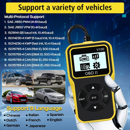 Car Diagnostic Tool Auto Parts 16 Pin Engine Diagnostic Instrument Obd2 Code Reader Digital Display Obd 2 Scanner, No Battery
