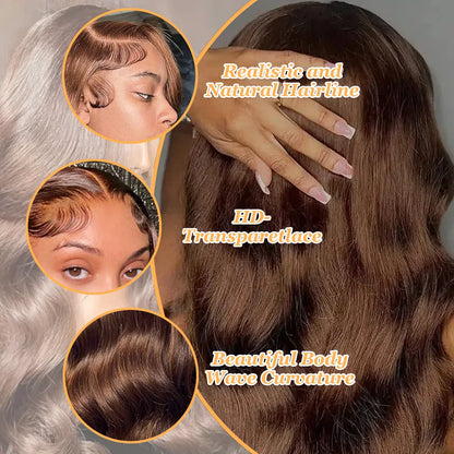 Body Wave 13x6 HD Transparent Lace Frontal Wig 36 Inch 220% Density #4 Chocolate Brown Real Brazilian Human Hair Wigs For Women